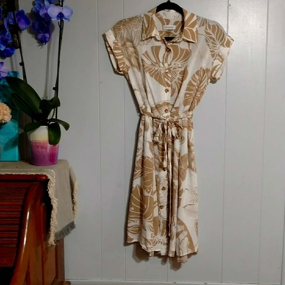 Calvin Klein Collared Dress Tie Waist Button Front